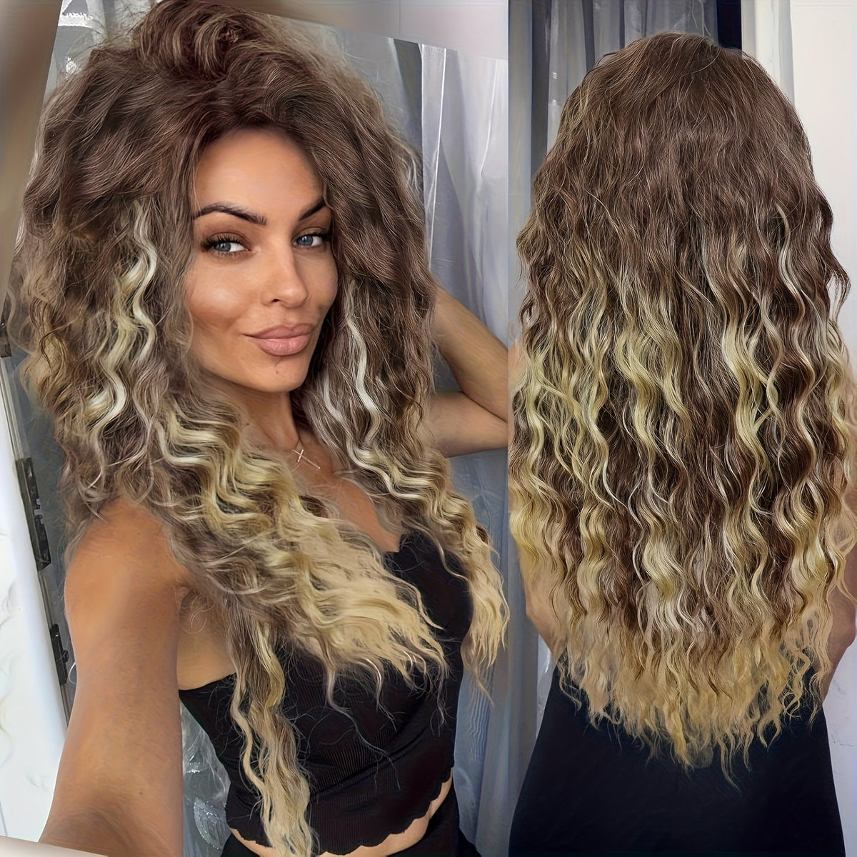Synthetic Wig 30-Inch Long Curly Waves with Dark Roots, Middle Part and Three Ombre Colors