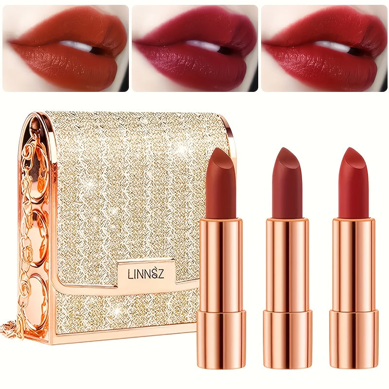 Matte Lipstick Gift Set 3 Pack Velvet Waterproof Long-Lasting Anti-Fading Intense Pigment Full Coverage Lip Color with Elegant Silvery Chain