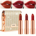 Matte Lipstick Gift Set 3 Pack Velvet Waterproof Long-Lasting Anti-Fading Intense Pigment Full Coverage Lip Color with Elegant Silvery Chain