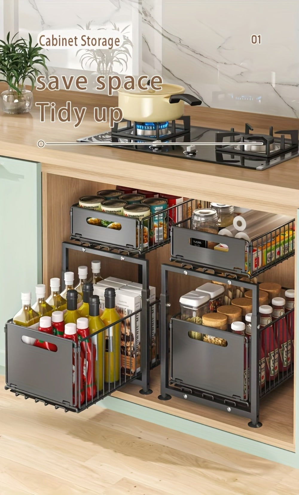 Under Sink Organizer 2-Tier Slide Out Pull Out Drawer Metal Basket Height Adjustable – Under Sink Cabinet Organizer for Kitchen Bathroom