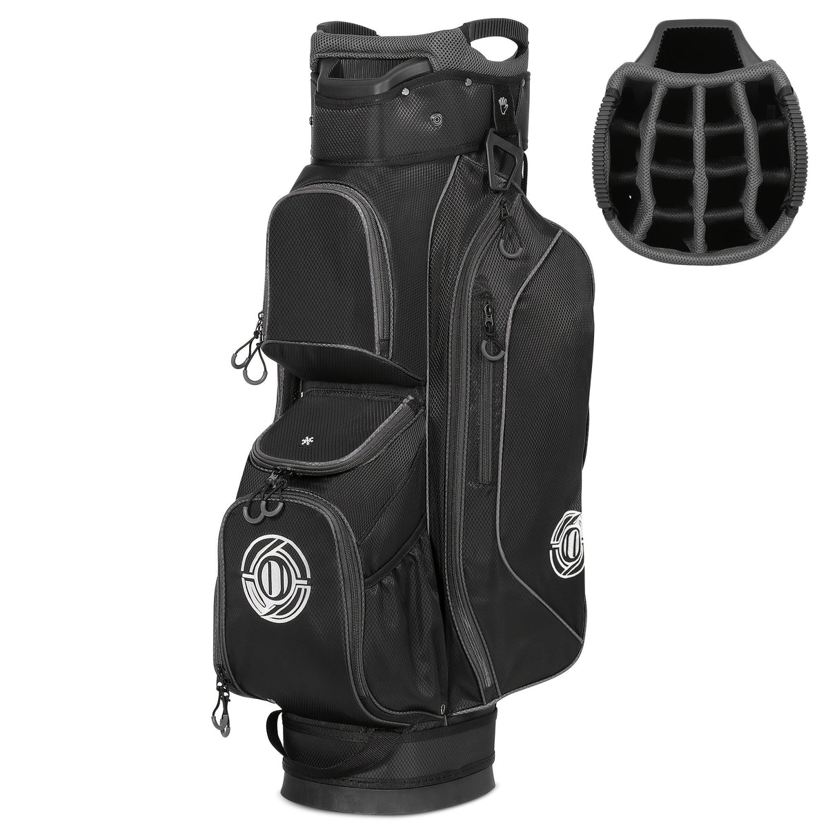 Golf Cart Bag 14-Way Full Length Dividers Protect Clubs 8 Zippered Pockets Cooler Pocket Valuables Pocket Ergonomic Shoulder Straps Rain