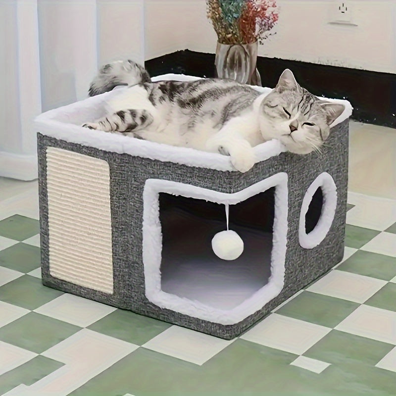 Cat House Foldable Multi-Layer 2-Tier Bed Toy Tunnel Scratching Post Plush Hanging Ball Canvas Nylon Frame All-Season Indoor Cat Cube