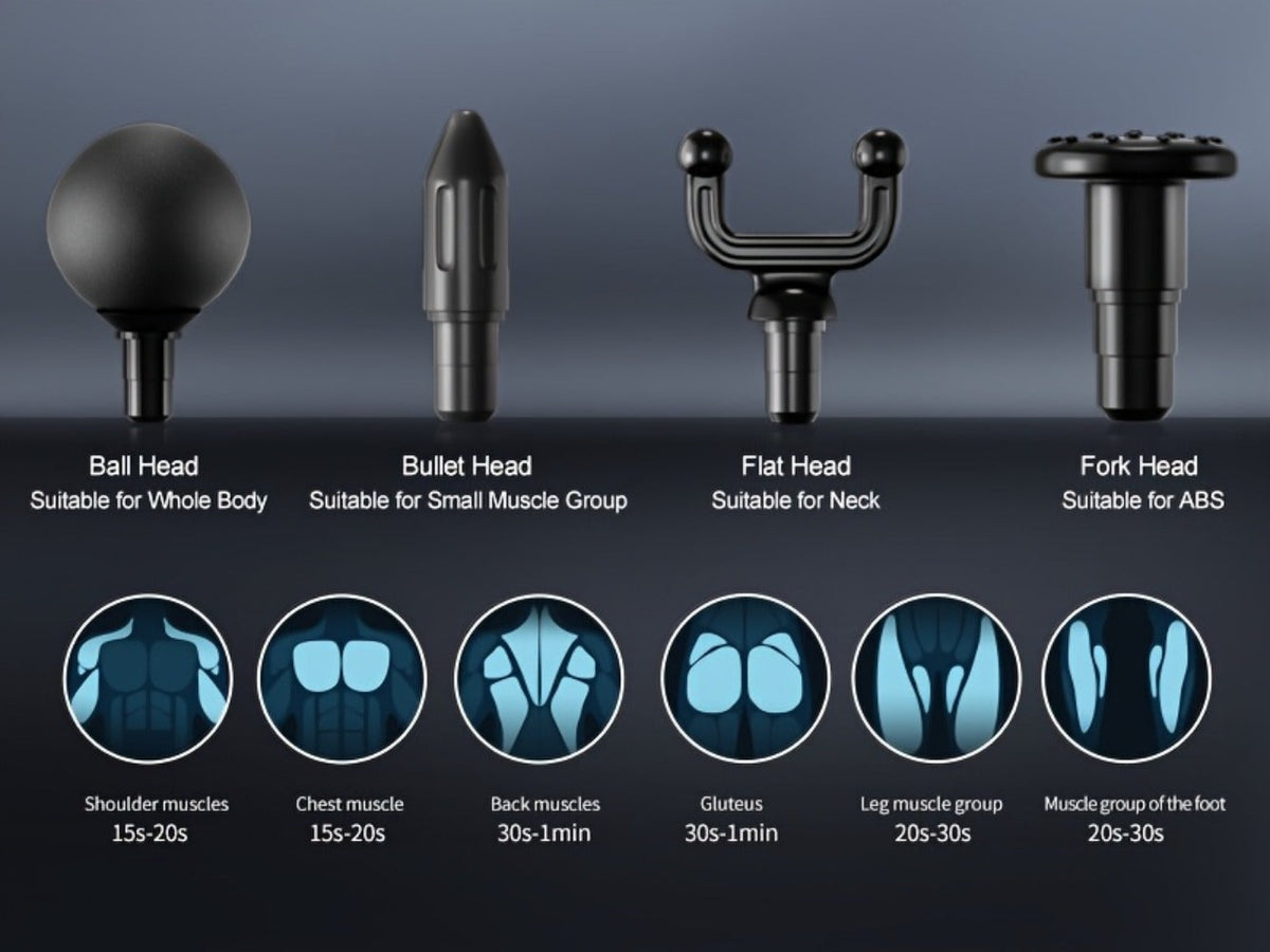 Compact Massage Gun with Six Speed Settings, Four or Eight Interchangeable Heads and Blue or Black Finish Options