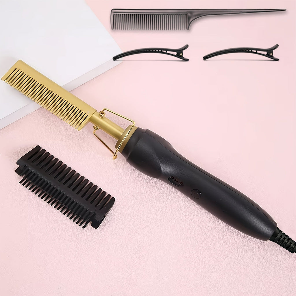 Electric Hot Comb Hair Straightener with Gold Titanium-Alloy Teeth, Detachable Guard and Adjustable Heat Controls