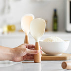 Silicone Rice Spatula Serving Spoon 2 Pack Wooden Handle Heat Resistant Durable Standing for Home Cooking, Dining and Outdoor Meals