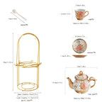 20-Piece Floral Ceramic Tea Set with Saucers & Metal Stand, European Afternoon Tea Service, Blooming Design
