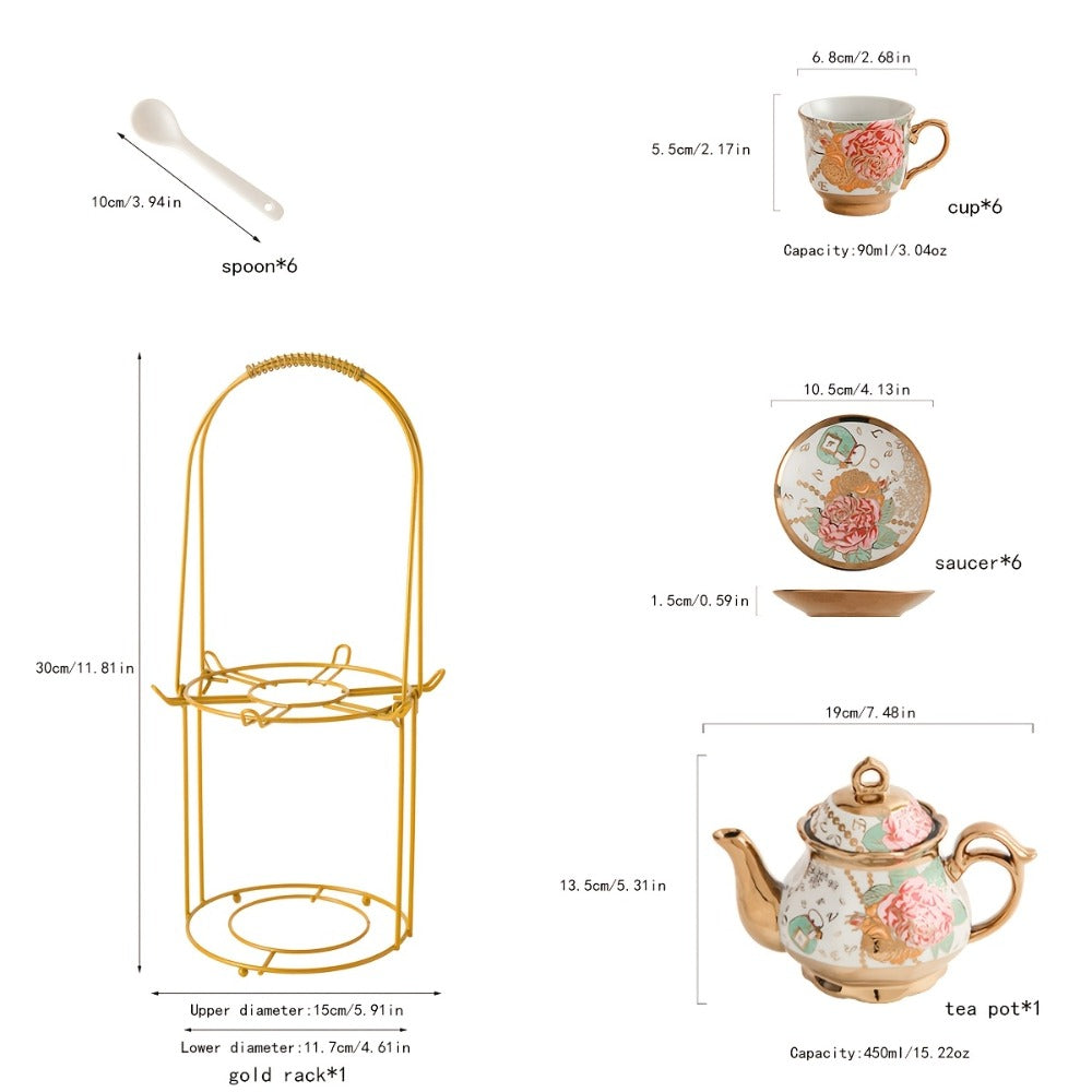 20-Piece Floral Ceramic Tea Set with Saucers & Metal Stand, European Afternoon Tea Service, Blooming Design