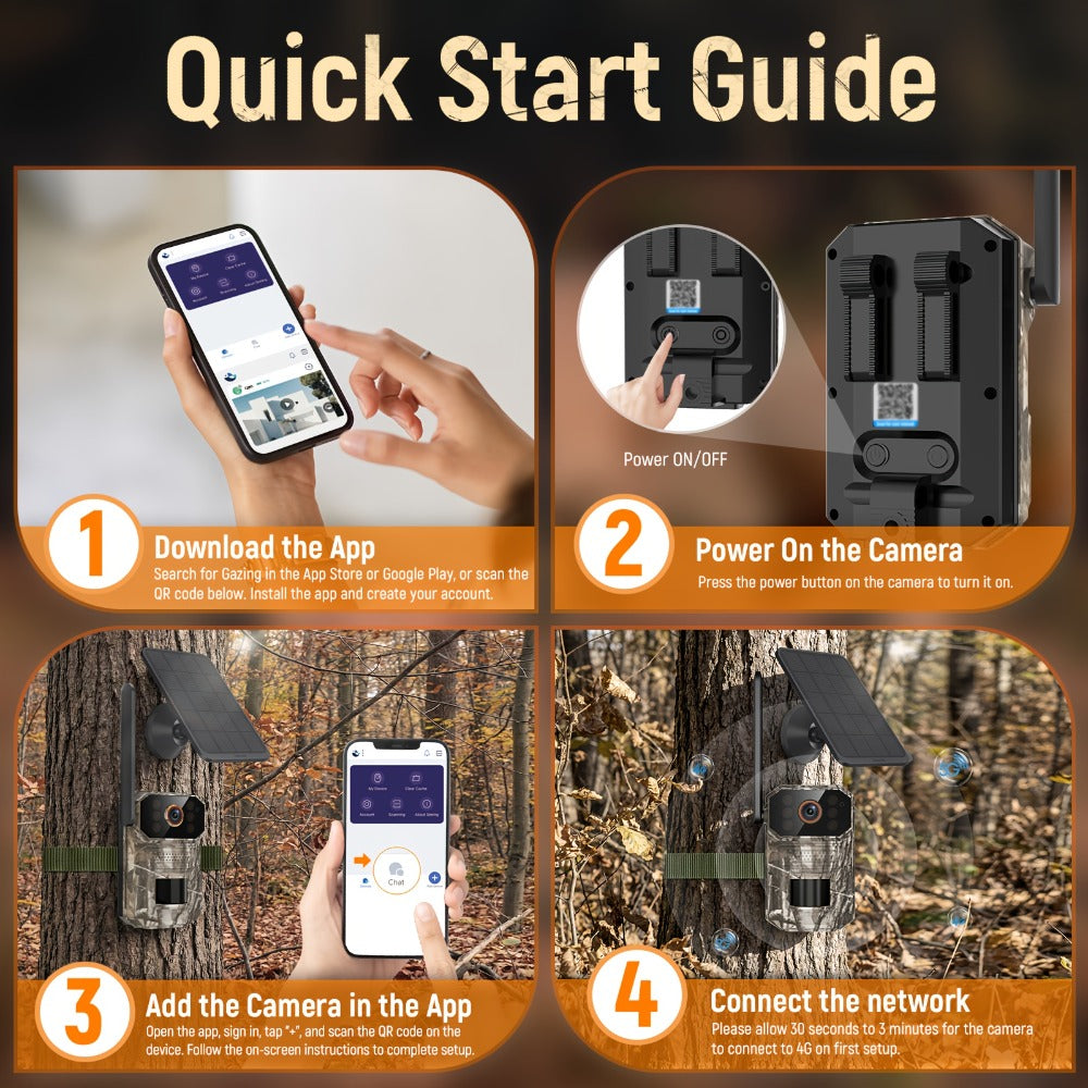 Solar Cellular Trail Camera 1920P No WiFi, 4G LTE Wildlife & Property Monitoring, PIR Motion Sensor