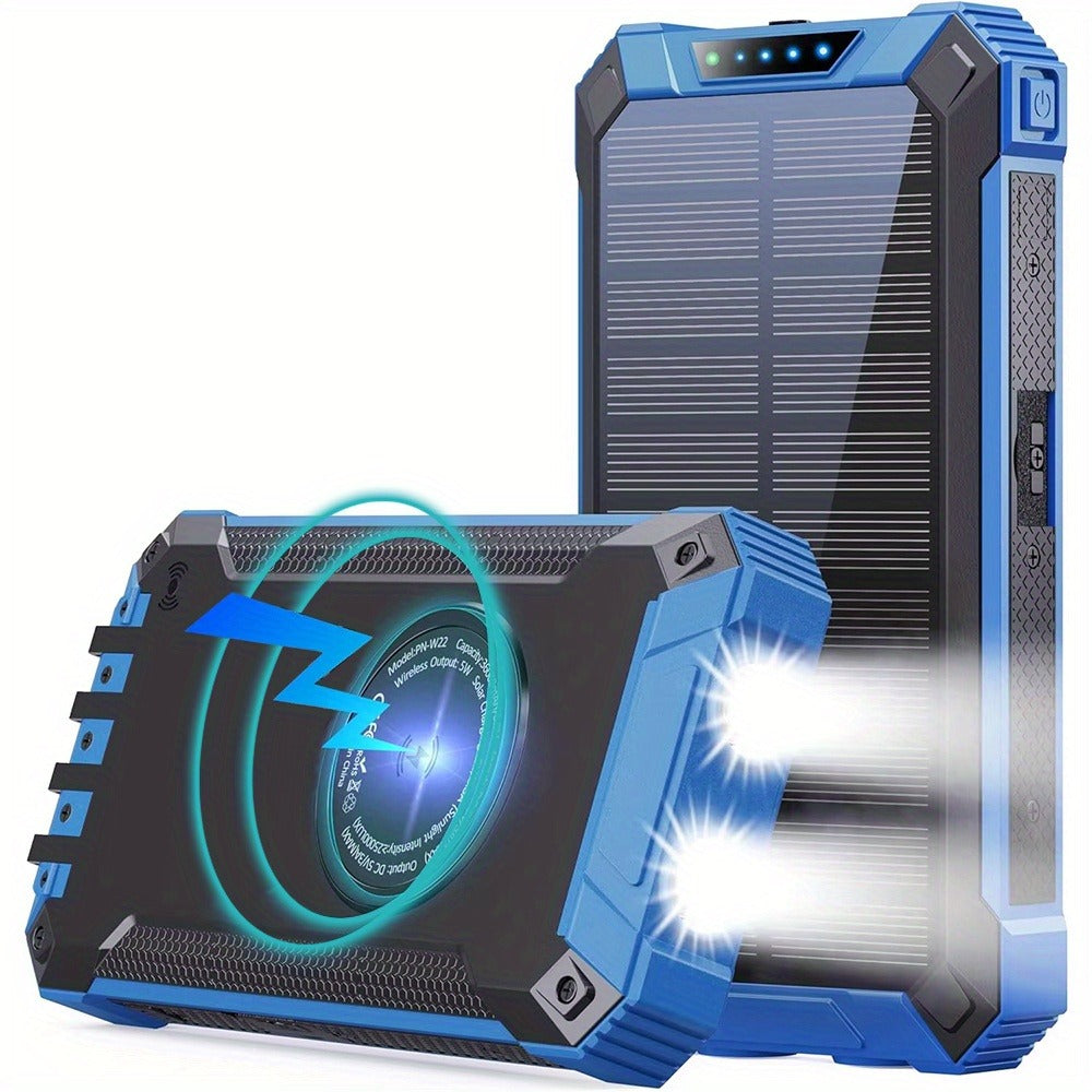 Solar Power Bank, 46800mAh Wireless Charger with Four Built-In Cables, Dual LED Lights and Five Color Options