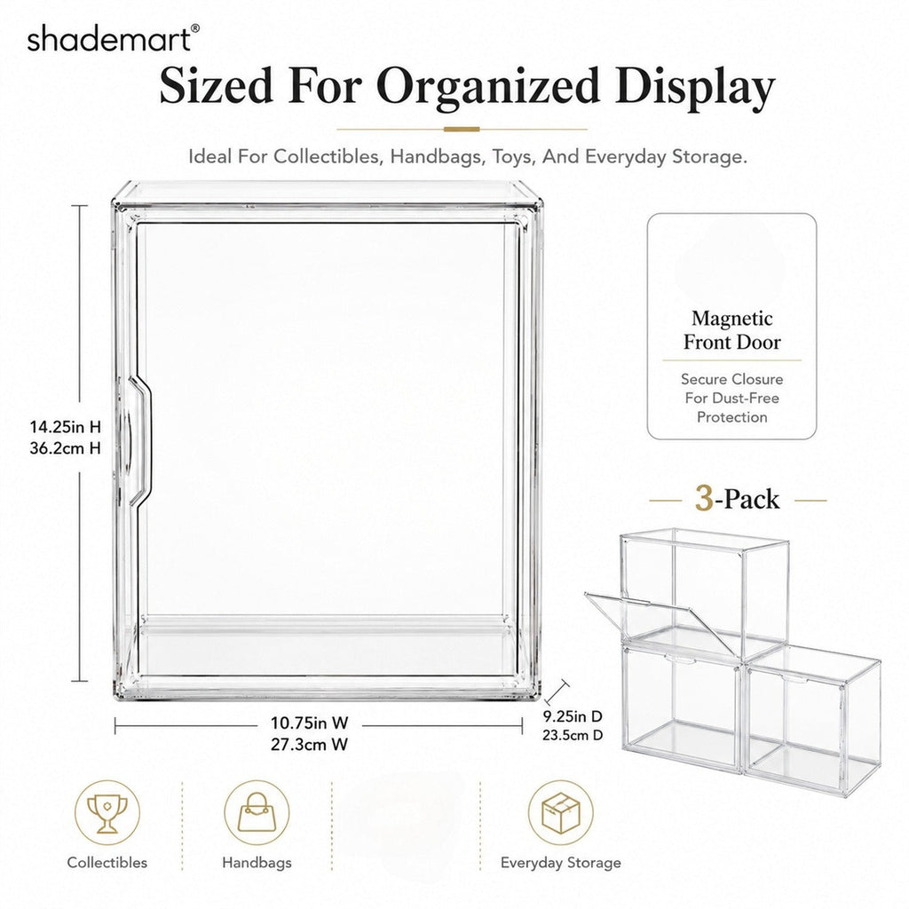 Clear Display Case Set of 3, Dustproof Transparent Storage Box Organizer for Collectibles, Car Models