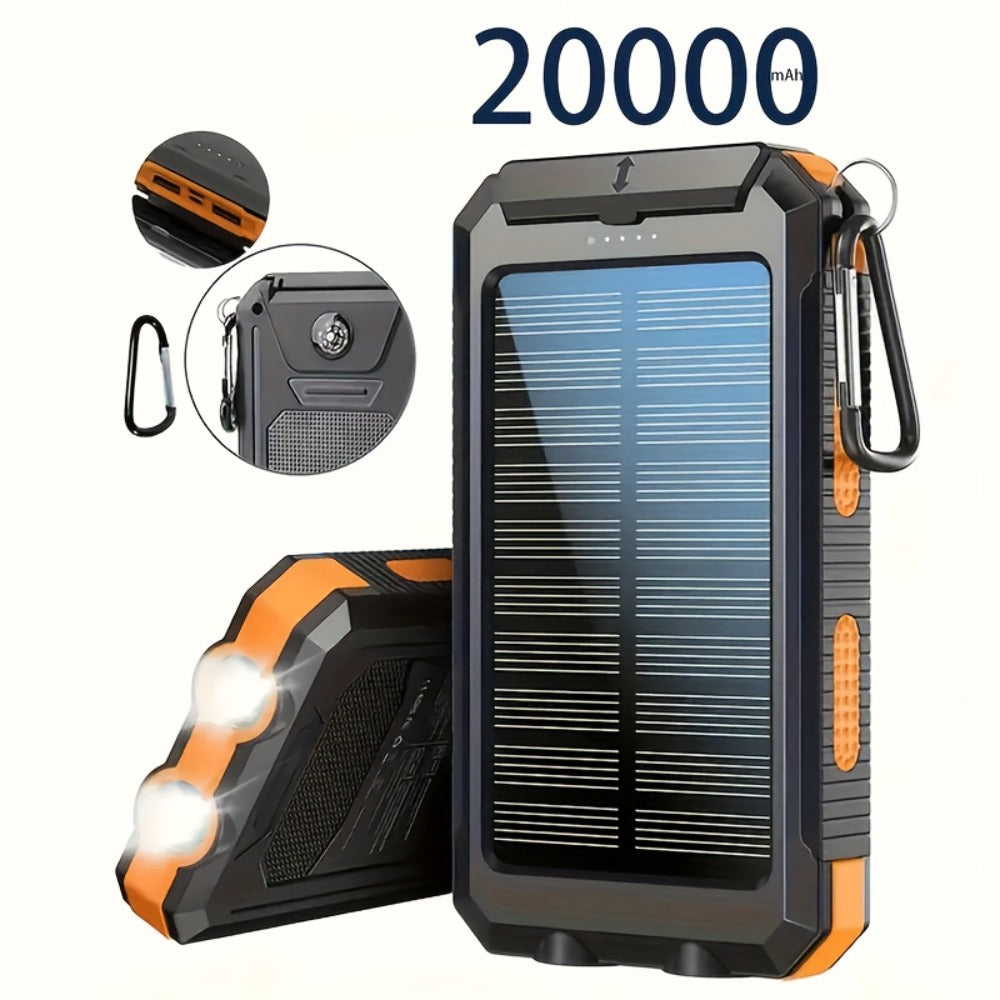 Solar Power Bank, 20000mAh Dual-USB Charger with Solar Panel, LED Flashlight, Compass and Five Color Options