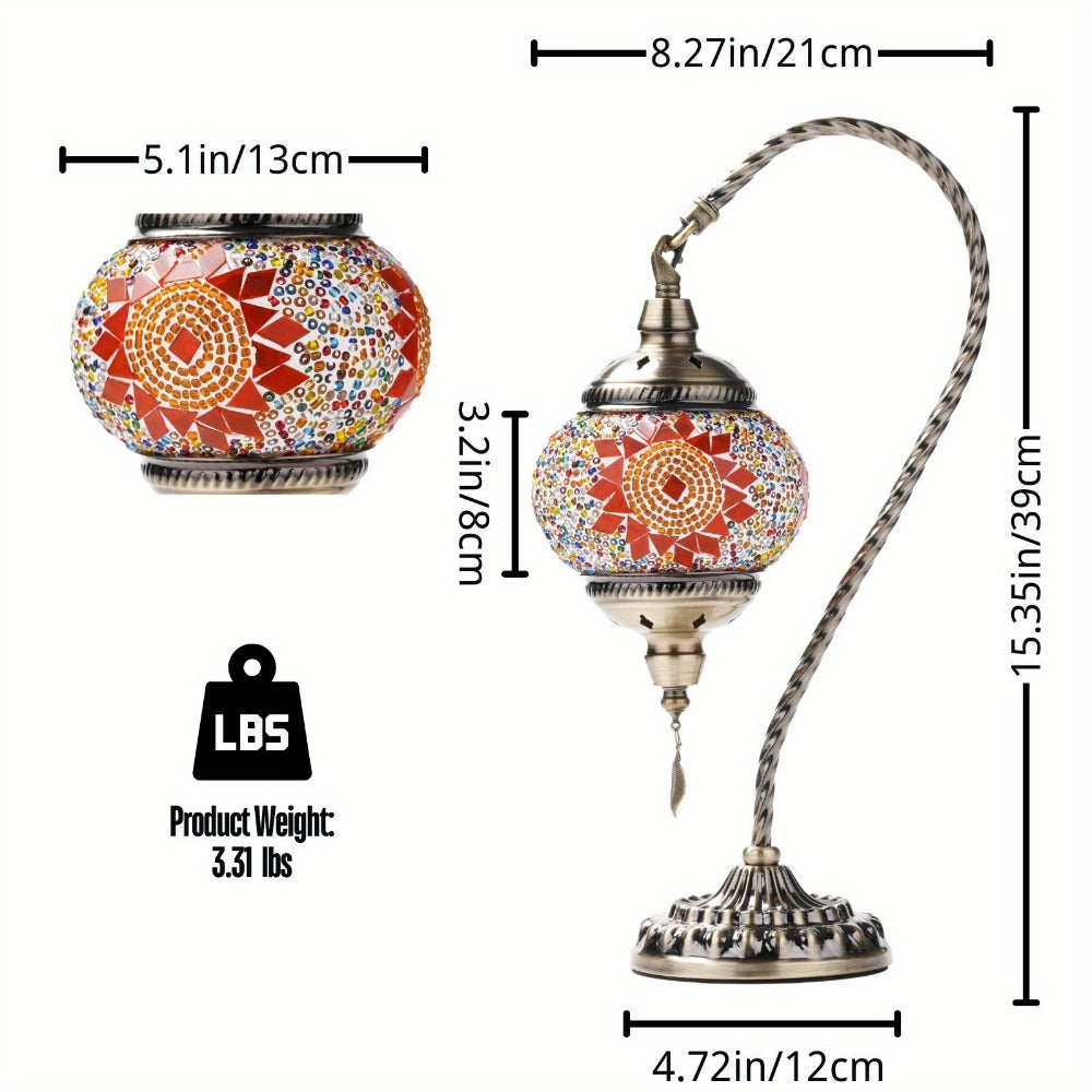 Table Lamp with Swan-Neck Mosaic Glass Shade, Metal Base, Six Color Options and Three White-Light Modes