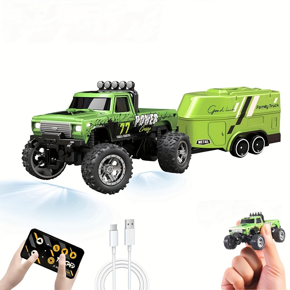 Mini RC Truck Toy 1:64 Scale 2.4GHz Off-Road Alloy Crawler with Detachable Trailer Body Lights & LED Headlights