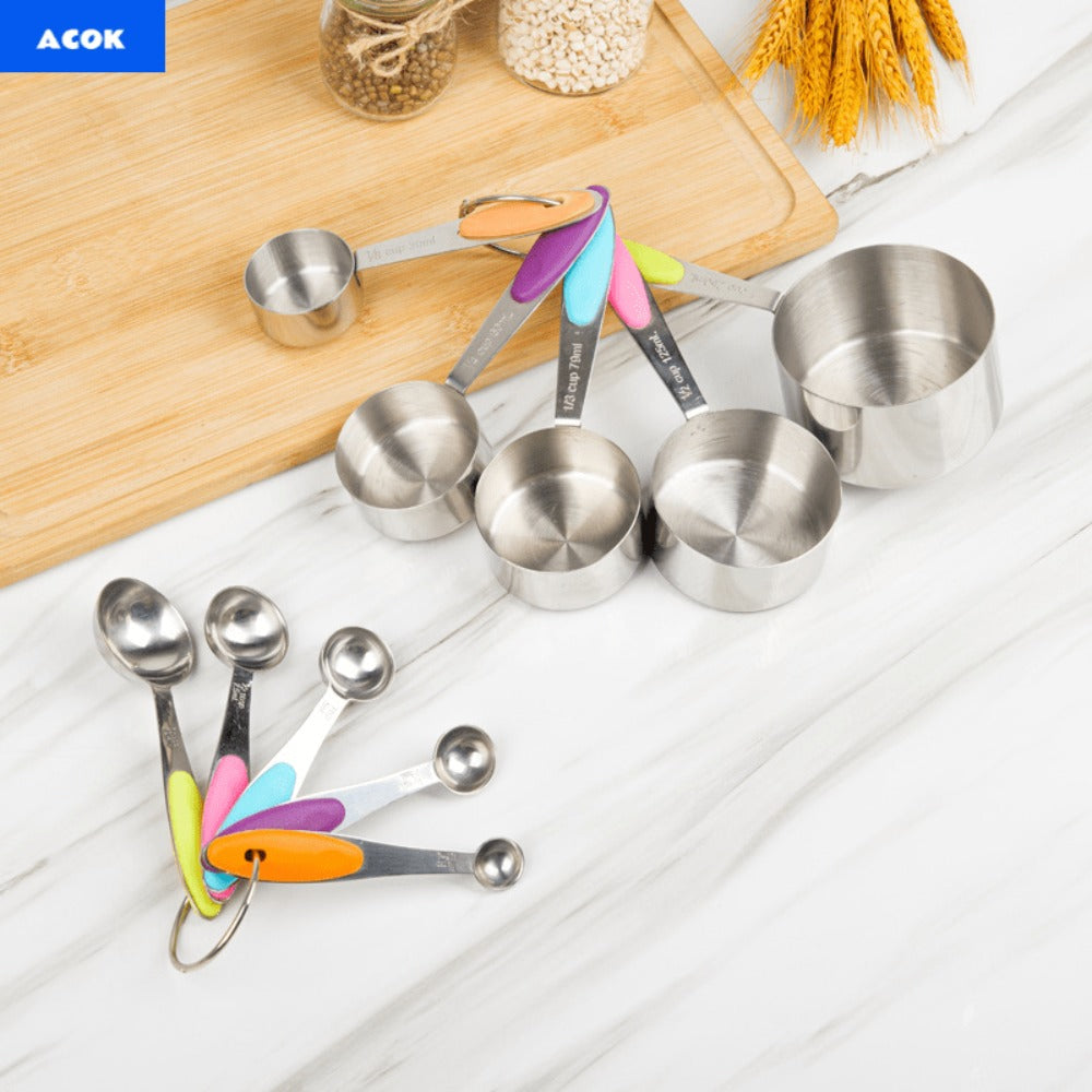 Measuring Cups and Spoons Set 10-Piece Stainless Steel with Silicone Handle, Precise Baking & Cooking Measurement Tools