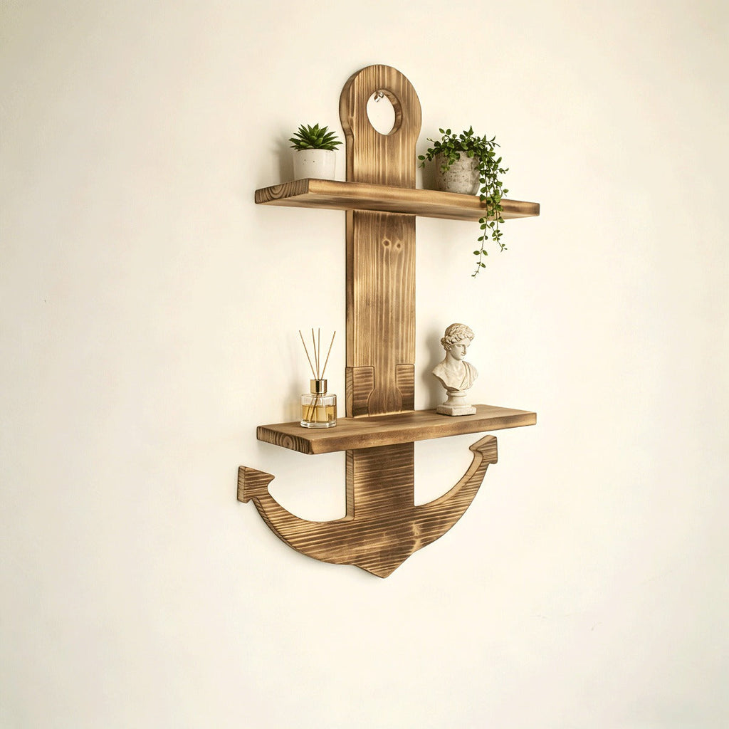 Floating Wall Shelves Solid Wood 2-Tier Nautical Anchor Shelf Handcrafted Heavy Duty Wall Mounted Organizer for Bedroom Living Room Bathroom