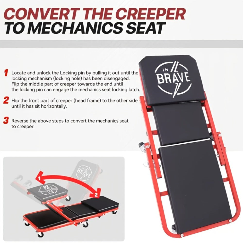 Mechanic Creeper Seat 3-in-1 Heavy Duty 36" – Folding Crawler with Adjustable Z-Seat, 6 Lockable Casters, 350–650 lb Capacity for Auto