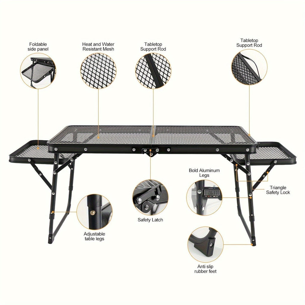 Portable Folding Camping Table with 2 Wingboards & Mesh Top – Height Adjustable Outdoor Grill Side Table for Picnic Barbecue Beach