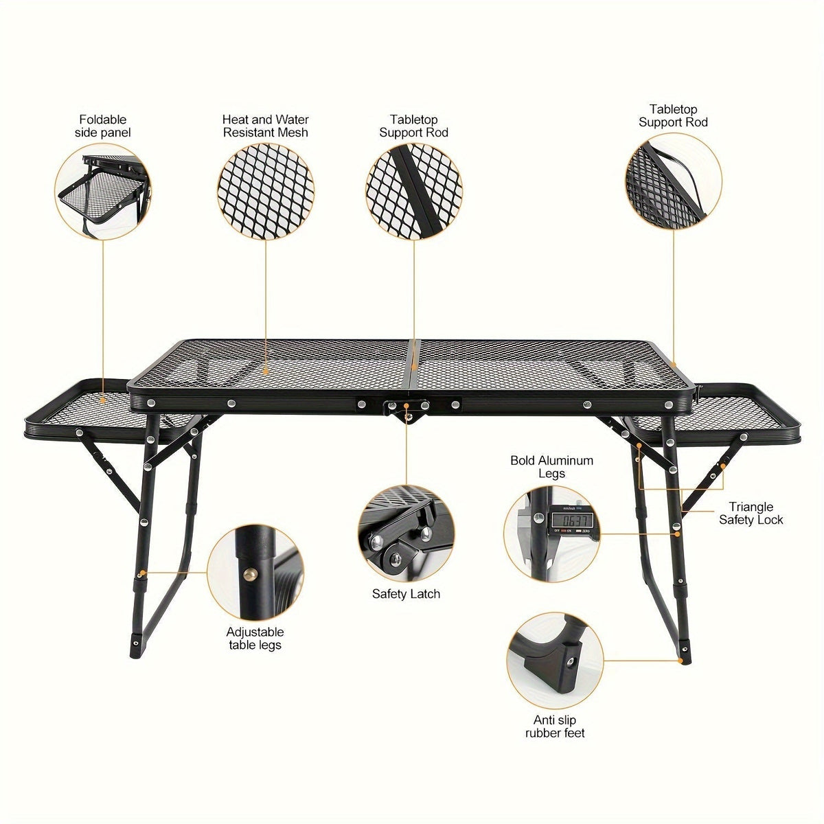 Portable Folding Camping Table with 2 Wingboards & Mesh Top – Height Adjustable Outdoor Grill Side Table for Picnic Barbecue Beach