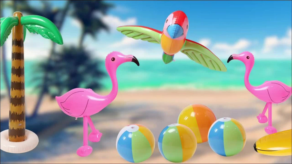 Hawaiian Luau Inflatable Party Decorations 10-Piece Set – 2 Palm Trees, 2 Flamingos, 4 Beach Balls, Parrot & Banana