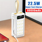 80000mAh Power Bank Built-in 4 Cables PD22.5W Fast Charging, LED Digital Display, Flashlight, Lanyard