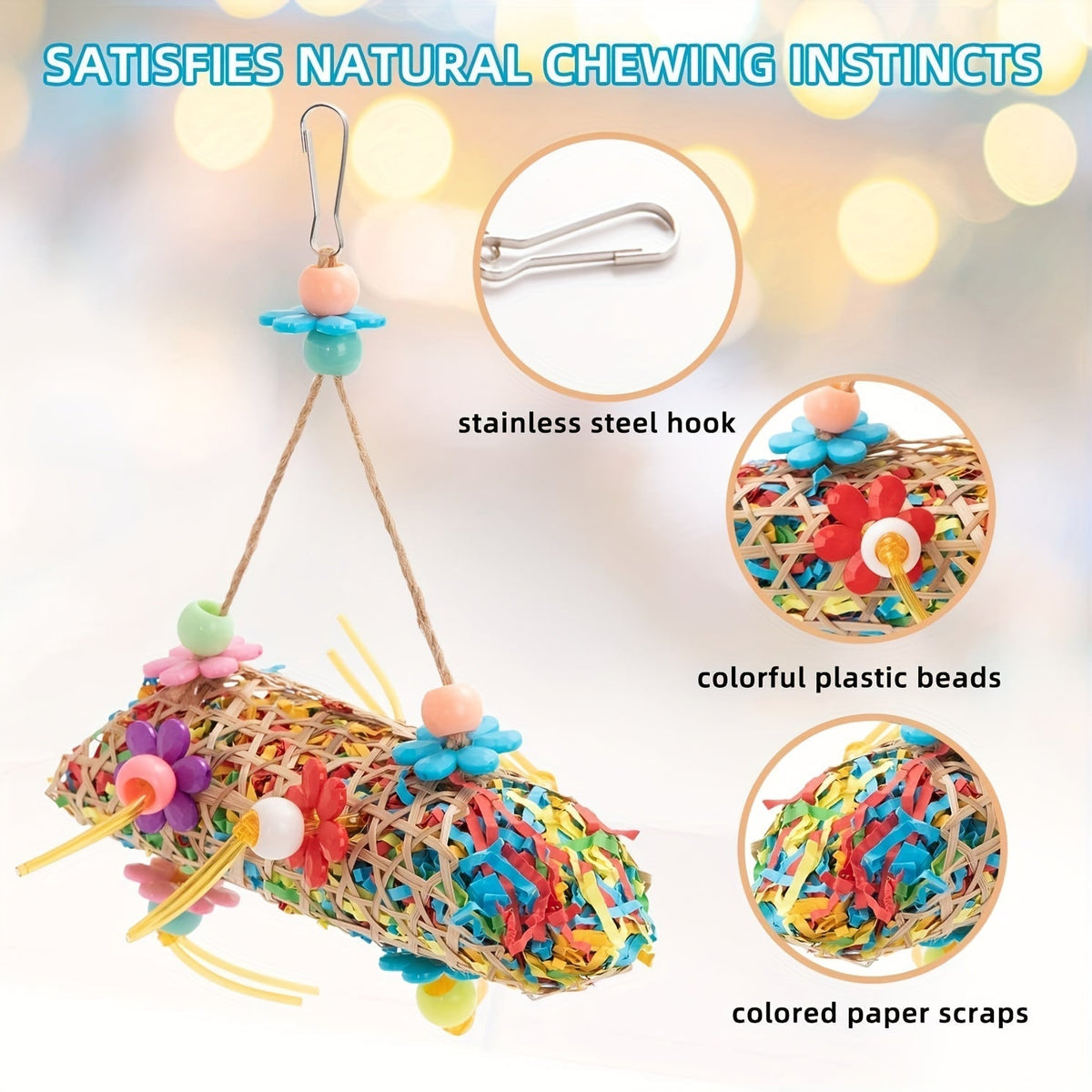 Six-Piece Hanging Bird Toy Set with Wood, Paper, Plastic Rings, Bell, Rope and Metal Hooks for Small Parrots