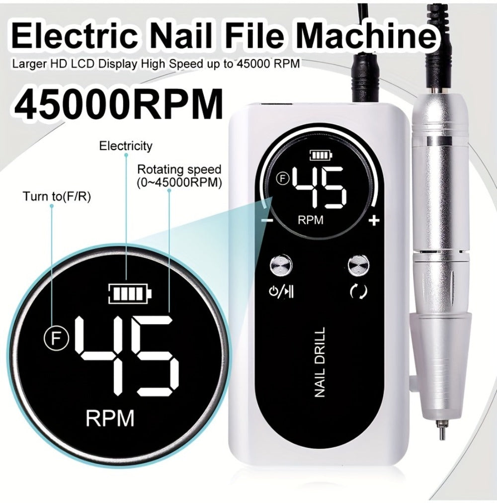 Electric Nail Drill 45000 RPM Cordless Kit with Power Display, Adjustable Speed and Three Colors