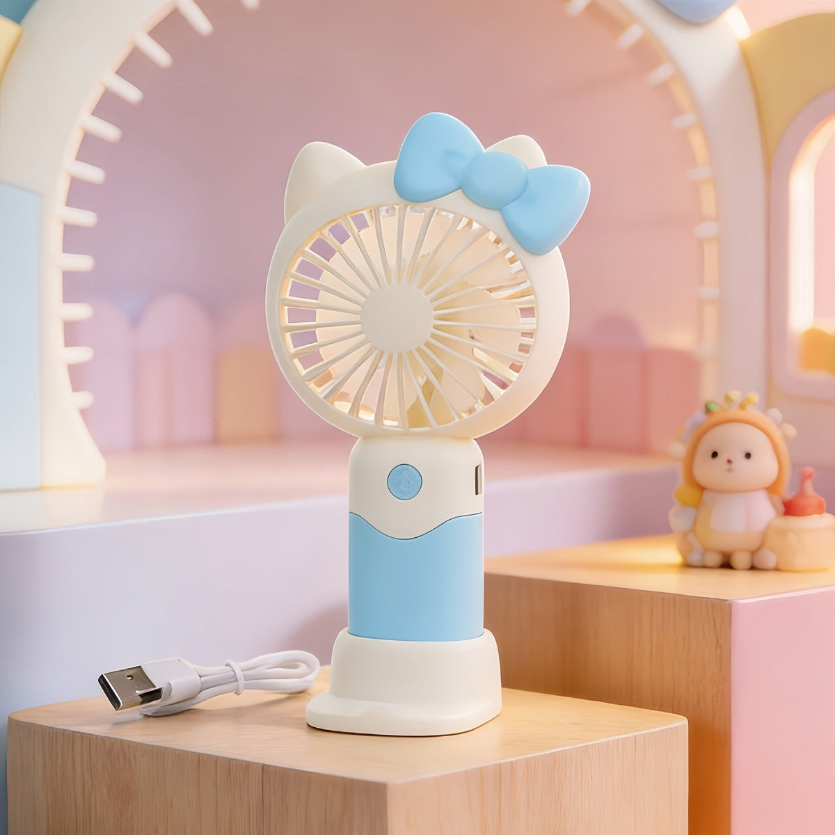 Hello Kitty Graphic Handheld Fan with USB Charging, Detachable Desk Base and Three Color Options