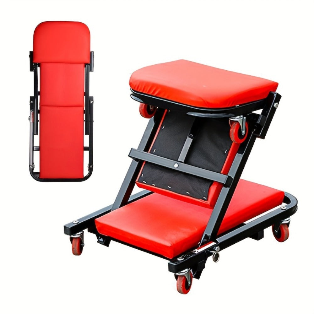Mechanic Creeper Seat & Rolling Work Stool – Foldable 2-in-1 Auto Repair Crawler, 300 lb Capacity, Adjustable Height, 6 Swivel Wheels