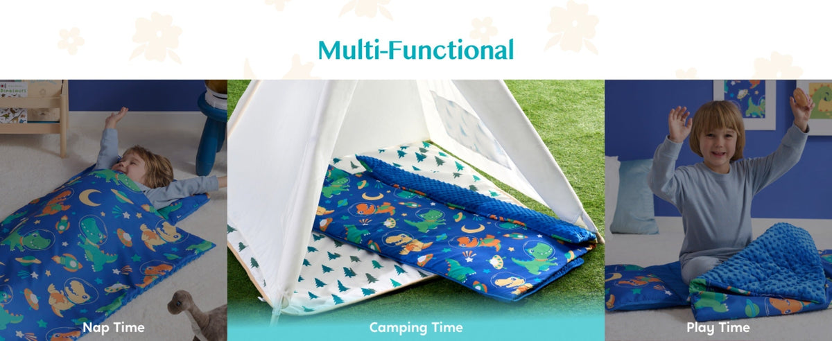 Kids Nap Mat with Removable Pillow & Minky Blanket - Roll-Up Sleeping Bag for Boys Girls, Blue Dinosaur Design