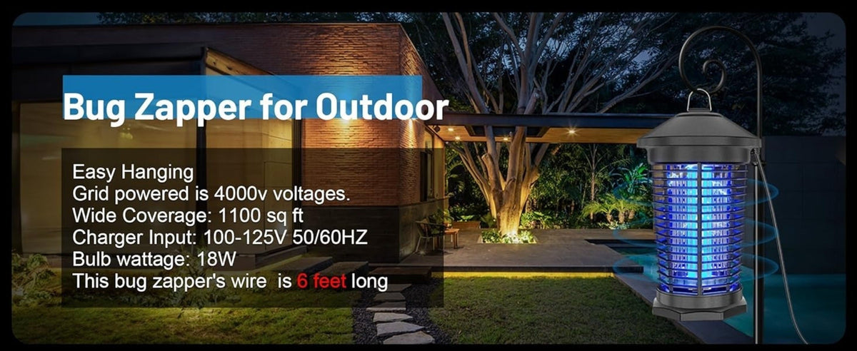 Hanging Electric Insect Zapper with 4000V Grid, 365 nm 18W UV Bulb, 6-Foot Cord and Cleaning Tools