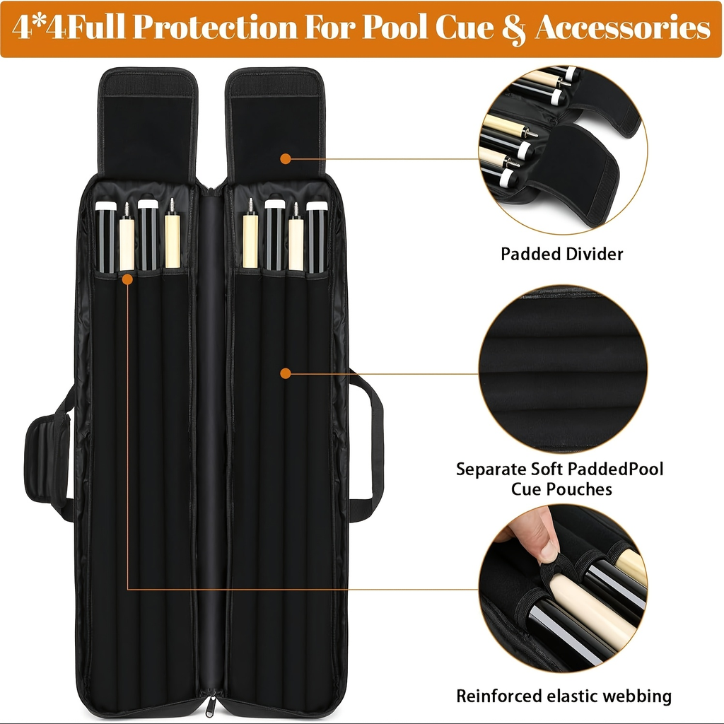 Pool Cue Case 4x4 with Hidden Backpack Strap | Billiard Cue Bag Holds 4 Butts & 4 Shafts | Hard Shell Pool Stick Carrying Case