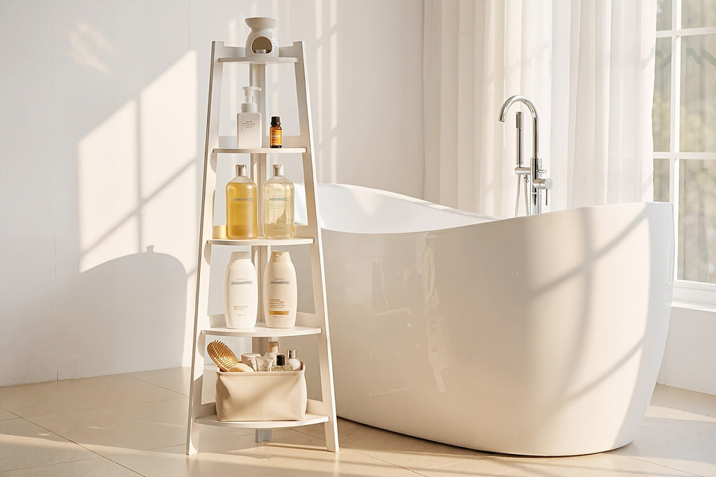 White Five-Tier Ladder-Style Freestanding Corner Shelf, Approximately 110 cm High and 34 cm Wide