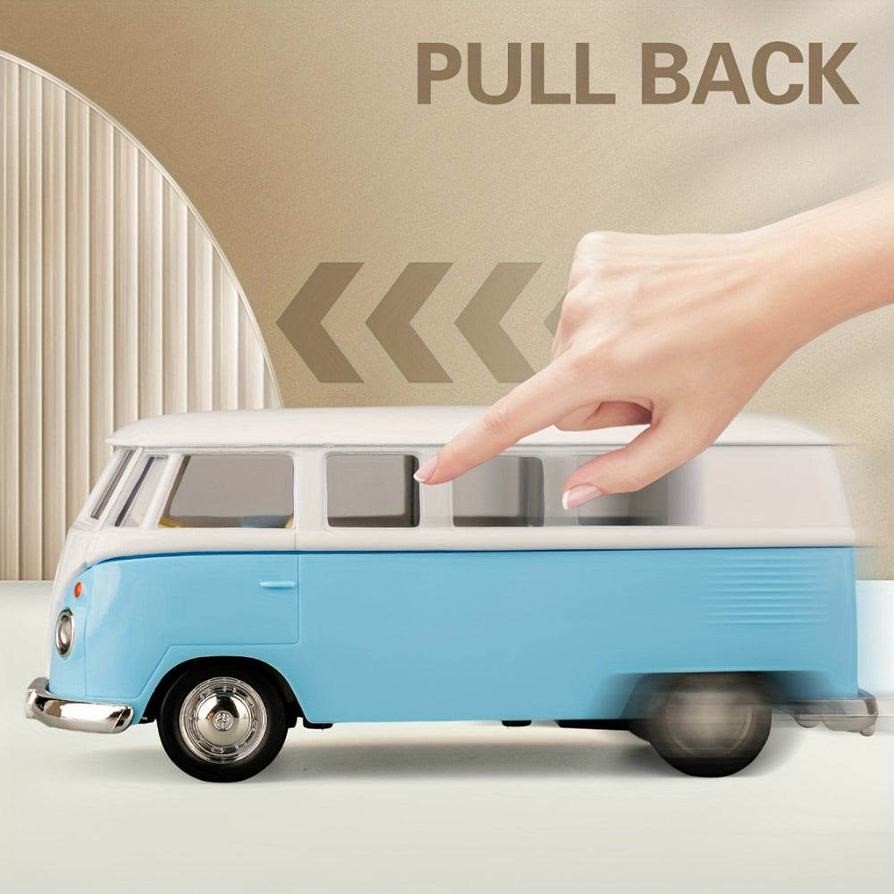 Volkswagen T1 Bus Diecast Model Car 1:36 Scale Zinc Alloy Pullback, Vintage Blue & White, Detailed Interior