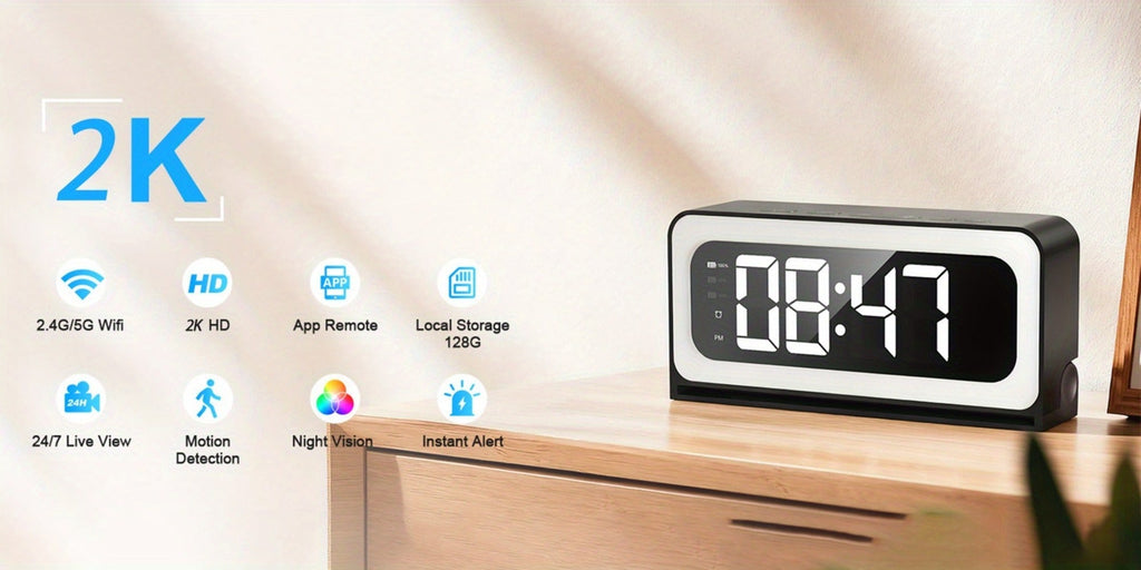 Security Camera 2K Clock-Format Model with Dual-Band WiFi, Color Night Vision, Motion Detection and Two-Way Talk