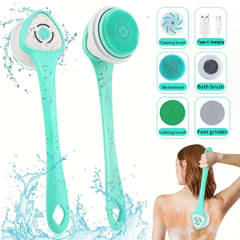 Electric Body Scrubber Brush 5-in-1 Rotating Shower Exfoliator with Long Handle - Bristle Bath Brush for Back Face & Full Body