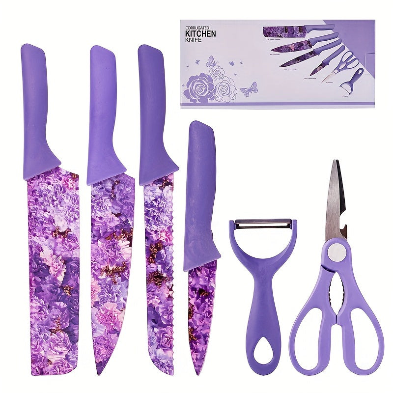 Kitchen Knife Set 6-Piece Floral High-Carbon Stainless Steel with Cleaver, Bread Knife, Shears and Peeler