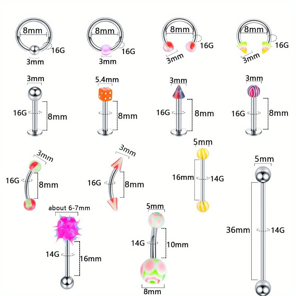 Body Piercing Jewelry Set 116pcs Stainless Steel, 14G 16G Mix BCR CBR Labret Lip Rings, Cartilage Daith Earrings
