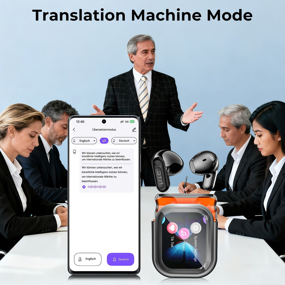 AI Translation Earbuds with Color Touchscreen Charging Case in Black or White and Five Bundle Options