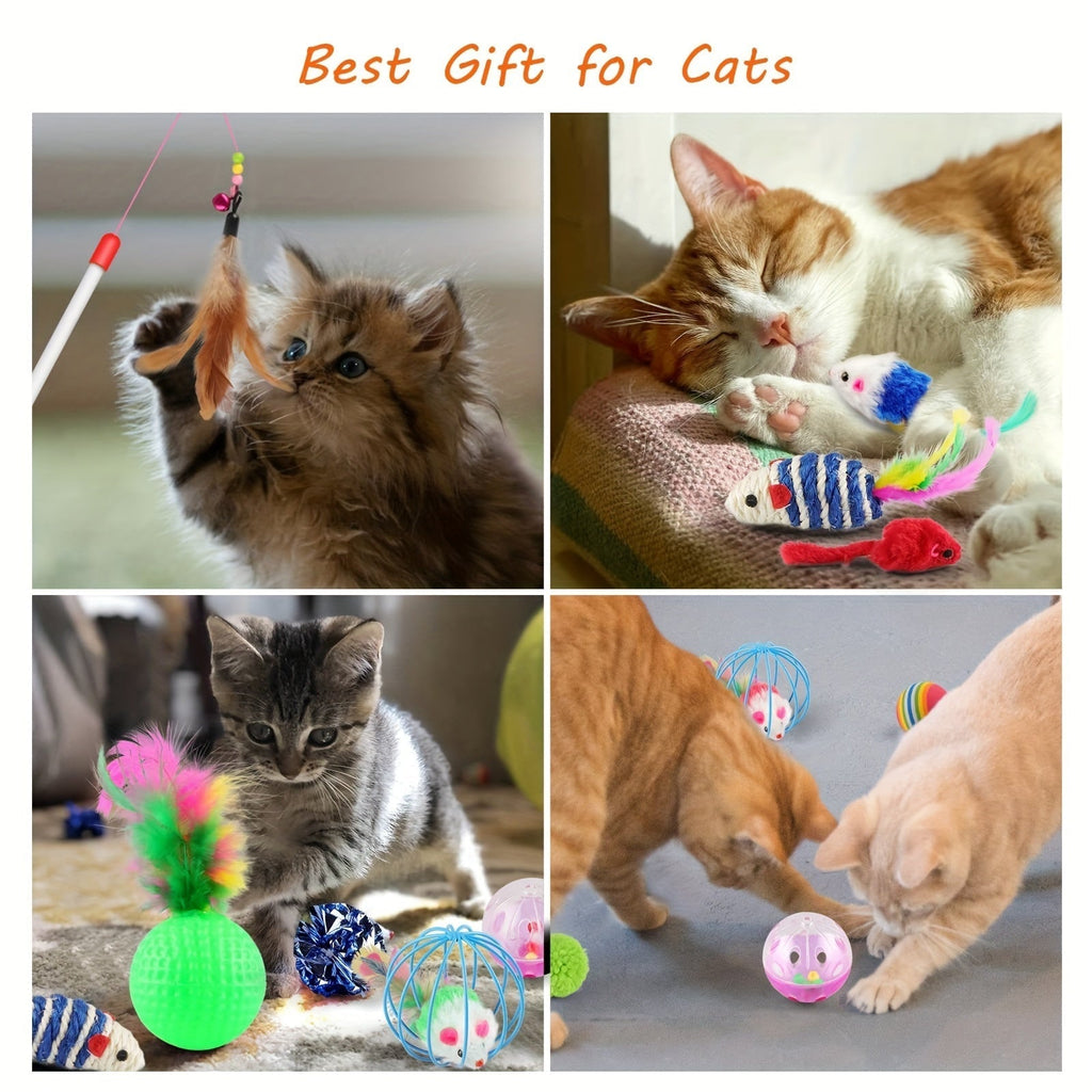 Cat Toy 32-Piece Assortment with Rainbow Tunnel, Feather Wand, Bell Balls, Mice and Crinkle Toys