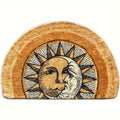 Celestial Sun and Moon Door Mat with Half-Round Shape, Warm Gold and Brown Artwork, 28 x 20 Inches