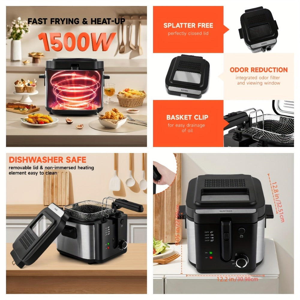 Deep Fryer Electric 1500W Non-Stick with Detachable Basket Adjustable Temperature Control for Home Cooking, Dining and Outdoor Meals