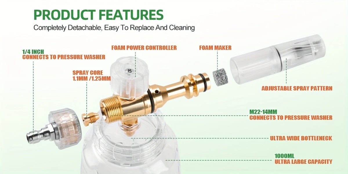 Foam Cannon Pressure Washer Kit – 9-Piece Set, Dual Connector, 5 Nozzle Tips, 1/4" Quick Connect, 5000 PSI Car Wash Lance
