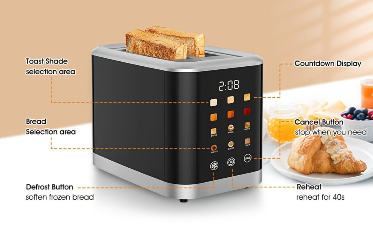 2 Slice Toaster with Touch Screen, 1.5" Wide Slot for Bread, Bagels & English Muffins, 6 Bread Types