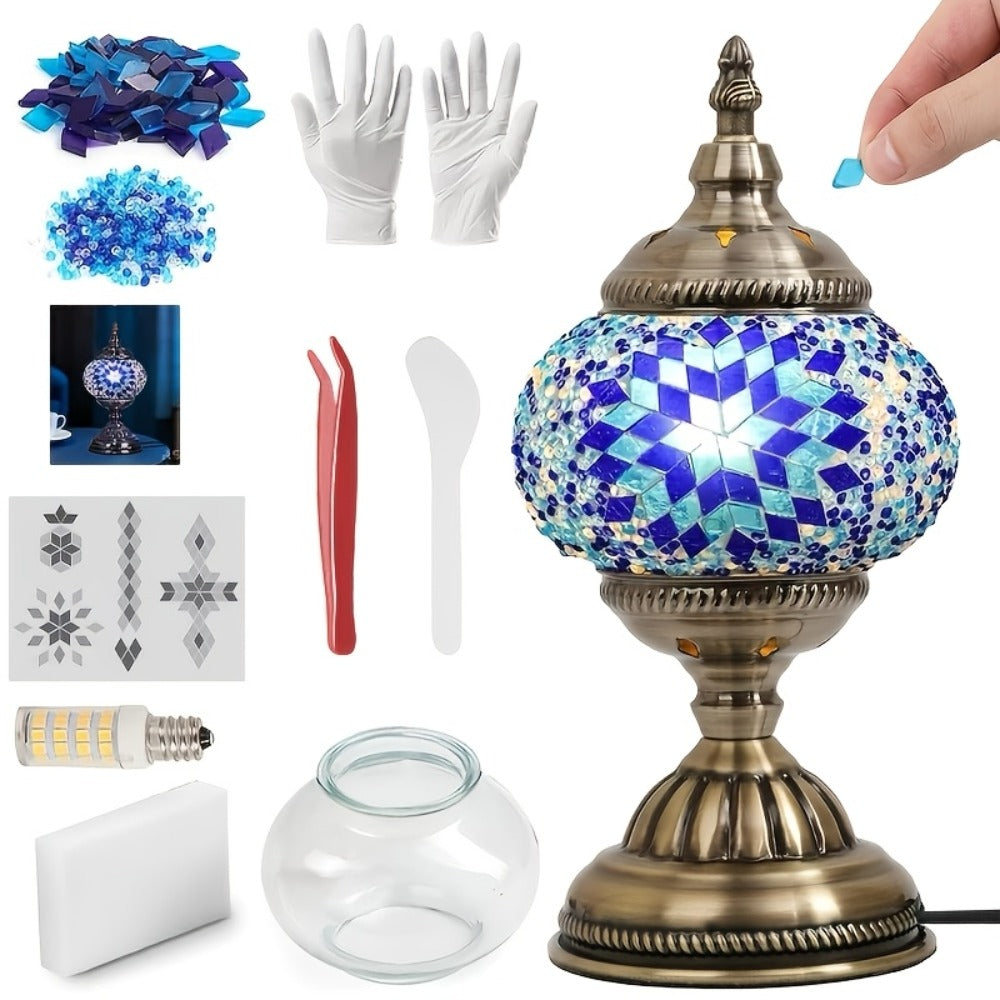 DIY Turkish Moroccan Mosaic Lamp Kit Handmade Glass Metal Brass Dimmable Bohemian Table Light for Entryways, Bedrooms and Living Spaces