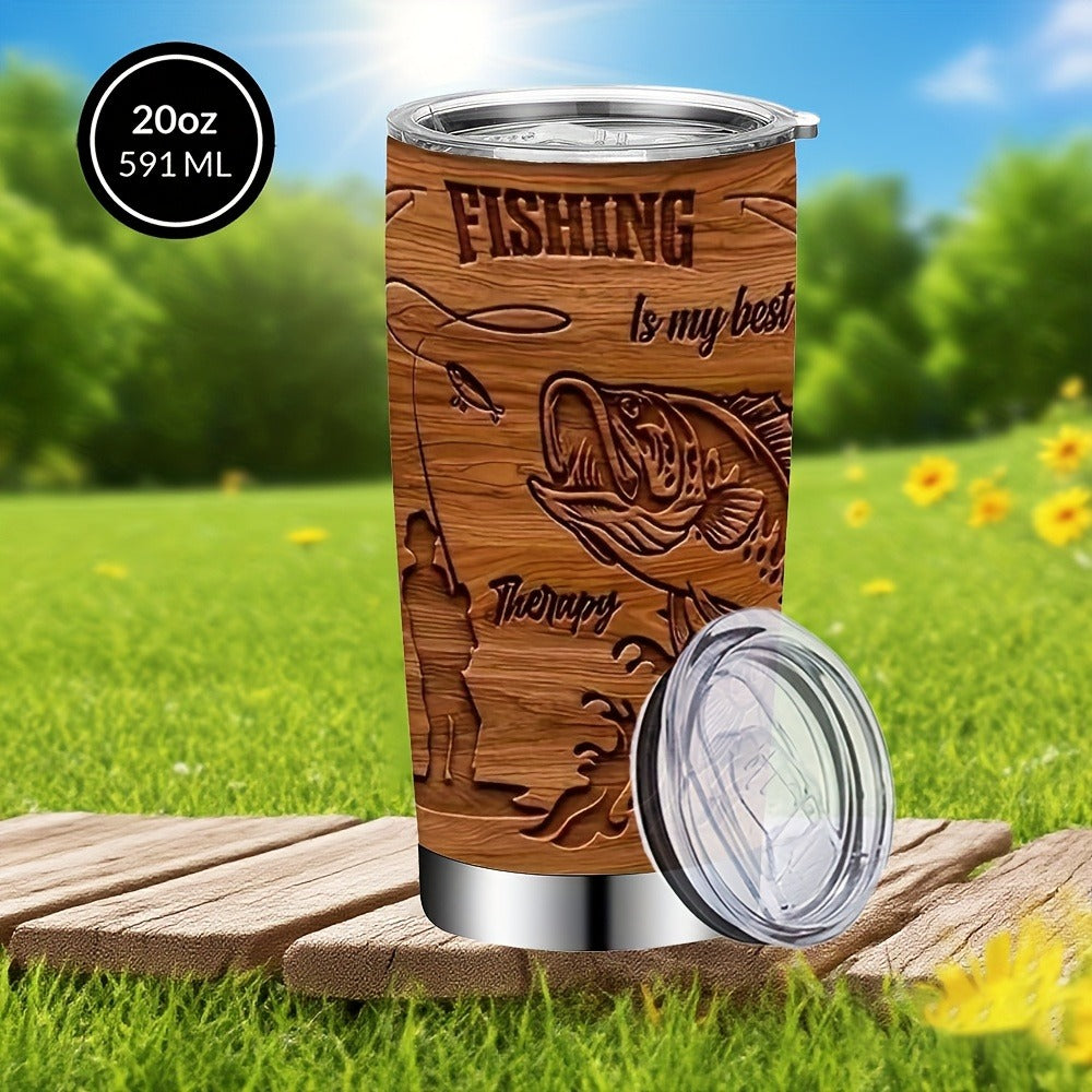 20oz Brown Fisherman-Graphic Tumbler with Clear Lid, Metal Straw and 7.2 x 17.5 cm Pictured Size