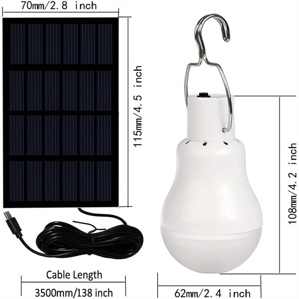 Outdoor Solar Light Bulb with 3.5M Cable – 110 Lumen 12 LED, 800mAh Rechargeable, 6000K Daylight, Portable Hanging Lamp for Garden, Yard