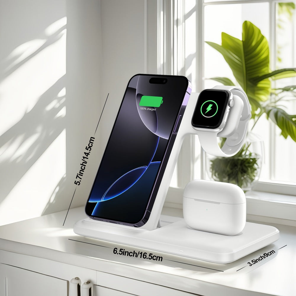 Wireless Charging Station, USB-C 3-in-1 Upright Dock for iPhone, Apple Watch and AirPods Models
