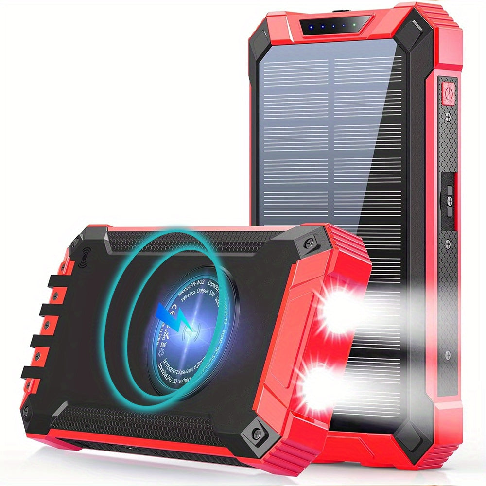 Solar Power Bank, 46800mAh Wireless Charger with Four Built-In Cables, Dual LED Lights and Five Color Options