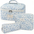 Quilted Makeup Bag Set 3 Pcs Floral Pattern Large Capacity Travel Cosmetic Organizer with Gold Zipper – Polyester Skincare Toiletry Pouch