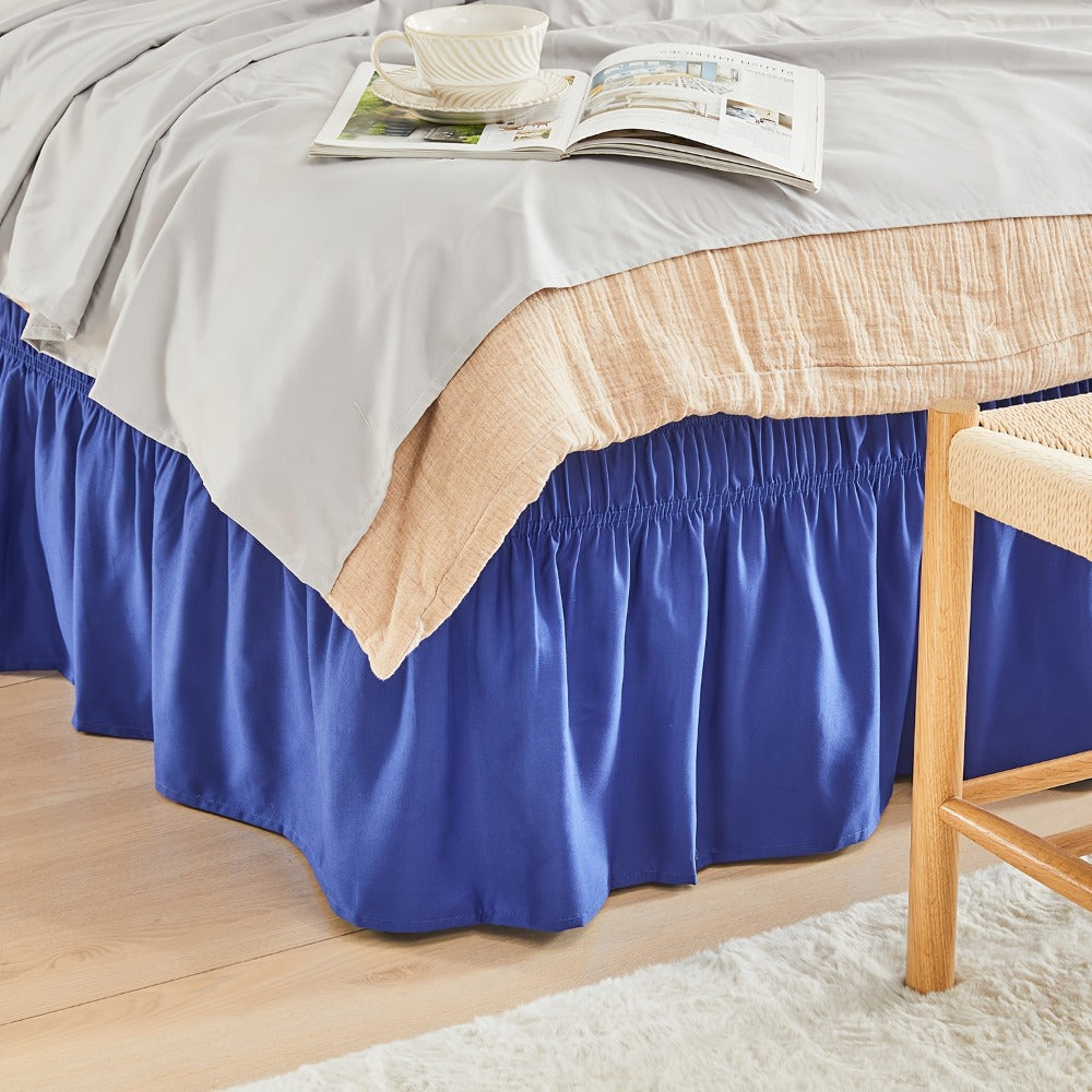 Bed Skirt Elastic Wrap Around Ruffle – 15 Inch Drop Microfiber Dust Ruffle, Adjustable No-Lift Fit, Fade Resistant Machine Washable